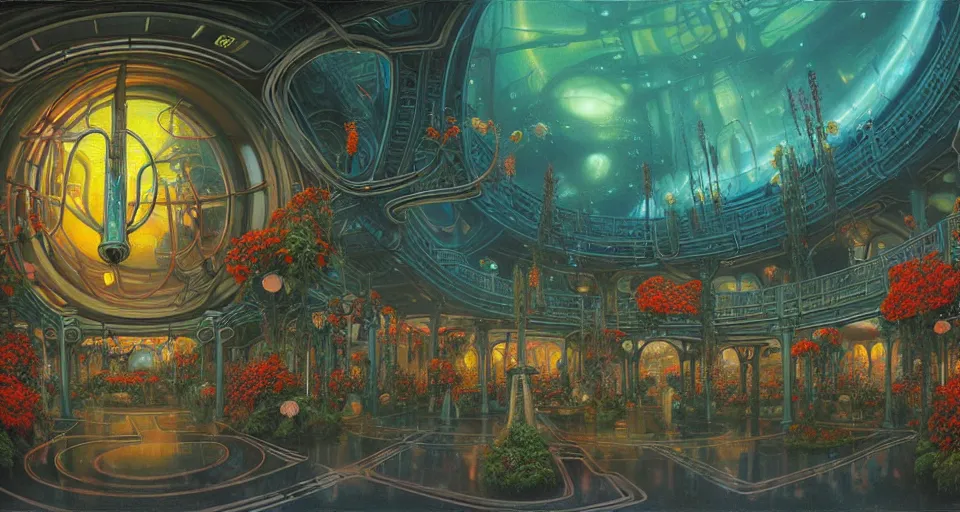 Image similar to fish eye lens a bright minimalist bioluminescent oil painting by donato giancola, warm coloured, cinematic scifi luxurious futuristic foggy steam filled victorian garden mall interior with microscopy radial windows flowers growing out of pretty bulbous ceramic fountains, gigantic pillars and flowers, maschinen krieger, beeple, star trek, star wars, ilm, atmospheric perspective