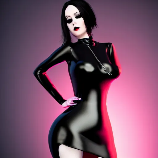 Image similar to a feminine curvy pale hot goth sweetie wearing a modest tight dark pearl-like latex-nylon high-neck dress, dark eyeshadow, eyelashes, cgsociety, photorealistic, sublime-hyperadvanced-amorous ambience, 16k, smooth, sharp focus, trending on ArtStation, volumetric lighting, fully clothed, thin waist