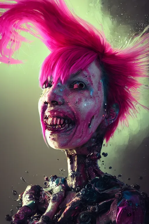 Prompt: portrait of a melting punk girl pink hair . razor sharp teeth. intricate abstract. intricate artwork. nightmare fuel. terrifying. by Tooth Wu, wlop, beeple, dan mumford. octane render, trending on artstation, greg rutkowski very coherent symmetrical artwork. cinematic, hyper realism, high detail, octane render, 8k, iridescent accents