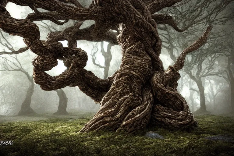 Prompt: a photography of an old twisted tree whose trunk and branches form Celtic symbols, octane render, realistic, fantasy, magical atmosphere