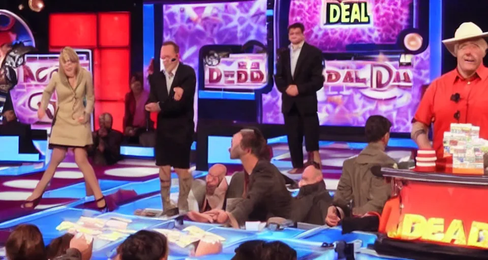 Image similar to deal or no deal game show, contestant opens briefcase and finds a hamburger