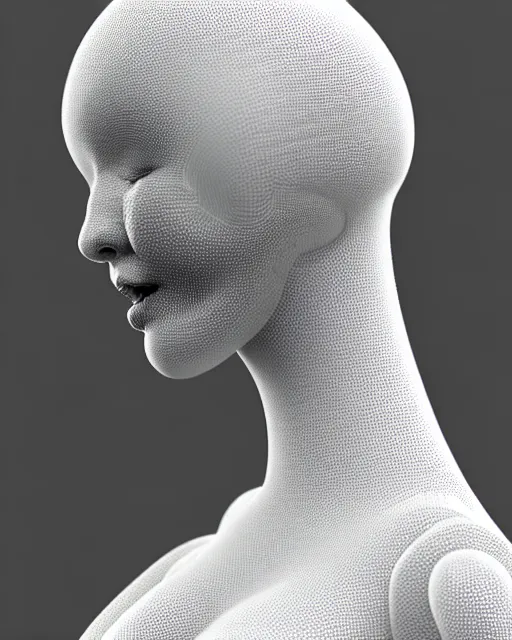 Prompt: white background, halo, dreamy foggy elegant soft luminous profile face 3 d render of a beautiful young monochrome biomechanical - female - cyborg with a delicate detailed mandelbrot fractal texture skin and a very long neck with white gothic pearl embroidered collar, white smoke atmosphere, hg giger, 8 k
