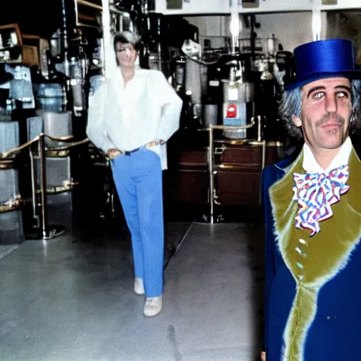 Prompt: photo of jeffrey epstein as willy wonka, 1 9 8 0 s, wide angle,