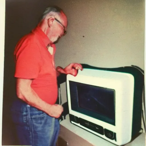 Prompt: polaroid photo of my dad trying to fix our old TV from the 50's, photo taken em 1976, in color