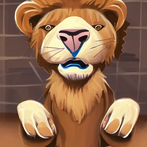 Image similar to A nervous lion getting a haircut, artstation, digital 2d,