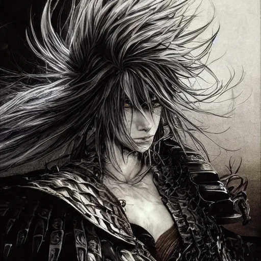 Image similar to Yoshitaka Amano realistic illustration of an anime girl with wavy white hair and cracks on her face wearing dark souls armour with the cape fluttering in the wind, abstract black and white patterns on the background, noisy film grain effect, highly detailed, Renaissance oil painting, weird portrait angle