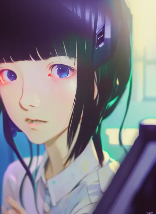 Prompt: a film still polaroid portrait of a young gamersgirl at a gaming pc, detailed features, perfect art, busy room, hd, gapmoe yandere, trending on pixiv fanbox, focussed painted by ilya kushinov makoto shinkai takashi takeuchi studio ghibli, akihiko yoshida, sachin teng, huang guangjian, artstation