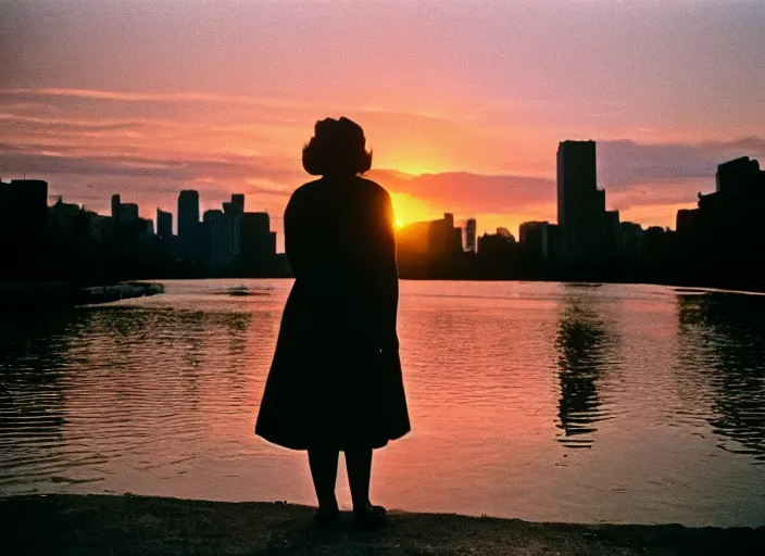 Image similar to a 35mm photograph from the back of a woman standing at the edge of a river in Harlem, New York City in the 1960's at sunset, bokeh, Canon 50mm, cinematic lighting, photography, retro, film, Kodachrome, award-winning, rule of thirds, golden hour