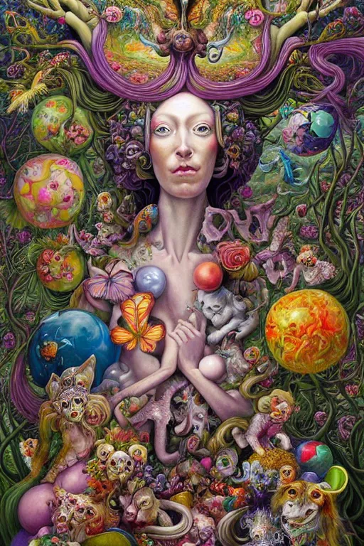 Image similar to hyper - maximalist overdetailed painting by hannah yata caitlin hacket. artstation. deviantart. cgsociety. inspired by hieranonymus bosch and heidi taillefer. surrealism infused lowbrow style. visionary psychedelic fineart. hyperdetailed high resolution render by binx. ly in discodiffusion. dreamlike polished render by machine. delusions. sharp focus.