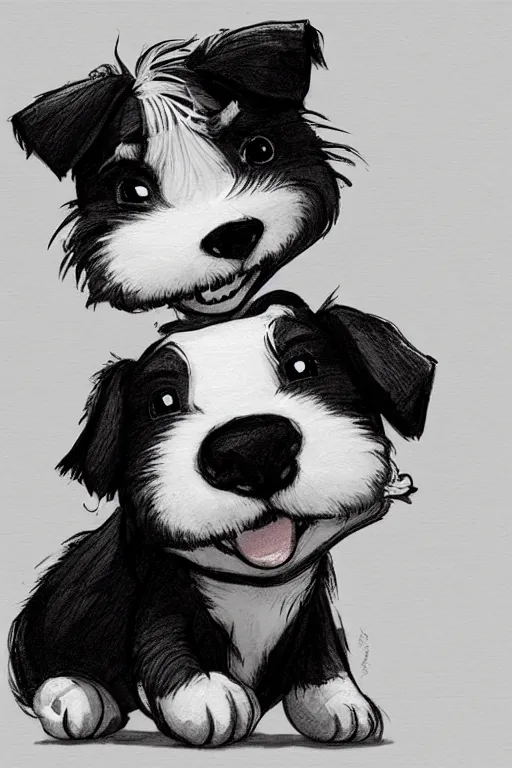 Image similar to cute jack black and white russel terrier smiling at the viewer, large round eyes, concept art, game art, character sheet, character design, sketch by cory loftis and bill schwab