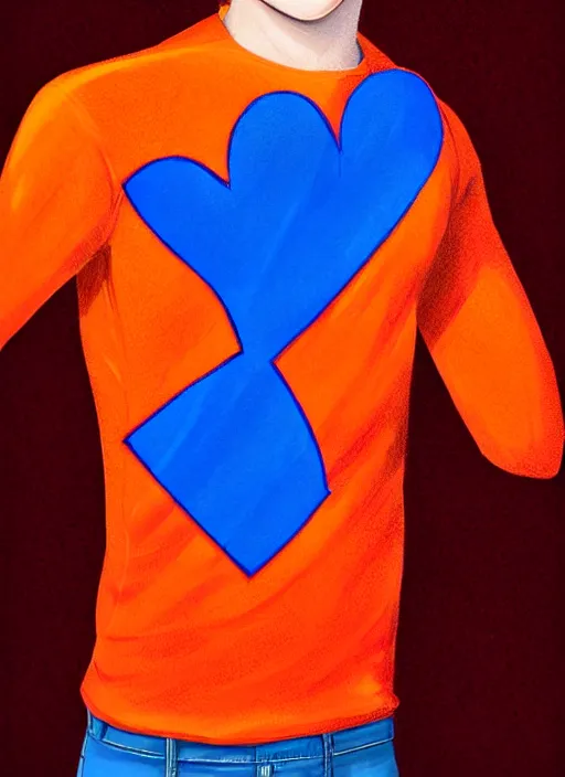 Image similar to friendly teenage archie andrews wearing an orange superhero costume with heart logo, heart, orange costume, blue cape, freckles, cape, heart emblem on chest, heart, blue cape, intricate, elegant, glowing lights, highly detailed, digital painting, artstation, sharp focus, illustration, art by wlop, mars ravelo and greg rutkowski