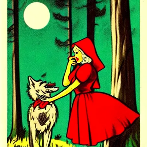 Prompt: 2 8 mm color, little red riding hood with the basket kissing the werewolf in the forest, pin - up art, vintage pinup poster, 1 9 5 0 s retro style, peter driben