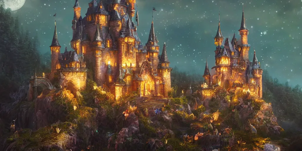 Image similar to a glittering fairy castle at night, extremely detailed oil painting, unreal 5 render, fantasy digital art, octane render, beautiful composition, trending on artstation, award-winning photograph, masterpiece