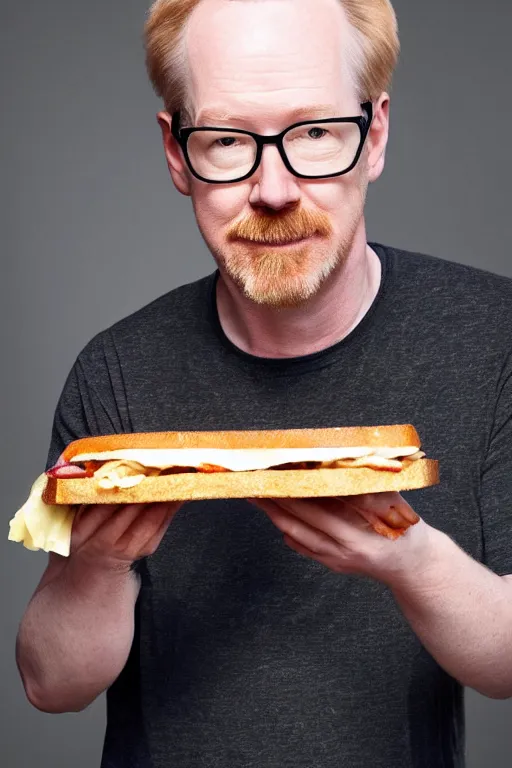 Prompt: 📷 portrait of adam savage with a sandwich for a head, still image, high resolution, 4 k