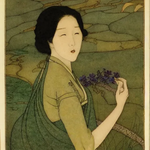 Image similar to Lee Jin-Eun by Edmund Dulac, rule of thirds, seductive look, beautiful,