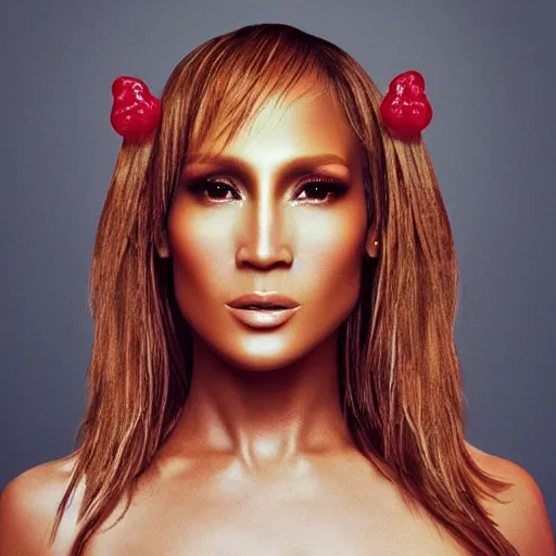 Prompt: gummy bear in the shape of j - lo, portrait photography