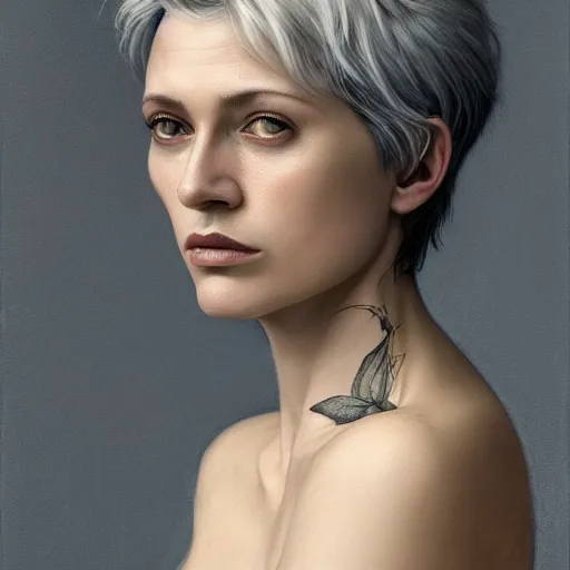 Prompt: portrait of a middle aged artsy woman, short grey hair, tattoo, avangarde, unique, artistic soul, nature, plants, wool, upper body, long hair, intricate, elegant, highly detailed, digital painting, artstation, concept art, matte, sharp focus, illustration, art by artgerm and greg rutkowski and alphonse mucha