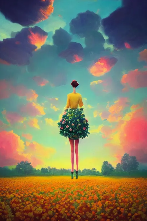 Image similar to giant flower head, girl walking in a flower field, surreal photography, sunrise, dramatic light, impressionist painting, colorful clouds, digital painting, artstation, simon stalenhag