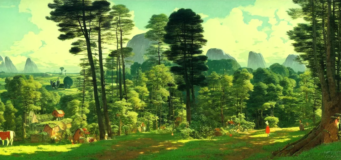 Image similar to ghibli illustrated background of strikingly beautiful swedish farm, the fealds and forests in the background by vasily polenov, eugene von guerard, ivan shishkin, albert edelfelt, john singer sargent, albert bierstadt 4 k