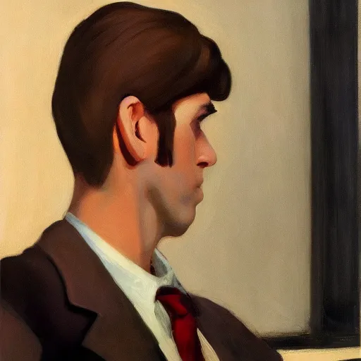 Image similar to a brown haired man with a 5 o'clock shadow, detailed, edward hopper, trending on artstation,