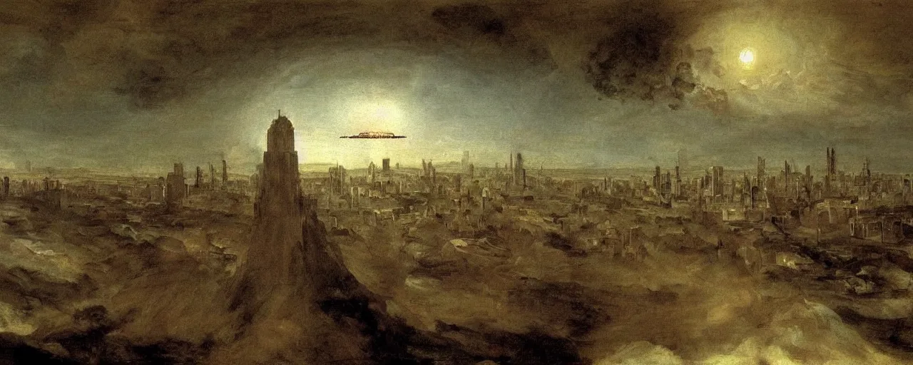 Prompt: A painting of the city of the future with an all-seeing human eye in the sky by Francisco Goya, highly detailed, Romanticism