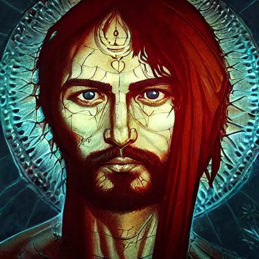 Image similar to 4K headshot of godlike Jesus of Nazareth with defined arms and open hands and bloody clothes with giant mandala wings , intricate face , flawless anime cel animation by Kentaro Miura, psychedelic , highly detailed upper body , professionally post-processed , beautiful, scary, symmetry accurate features, epic, octane rendered, anime masterpiece, accurate by Craig Mullins, ilya kuvshinov, krenz cushart, epic , artgerm trending on artstation by Edward Hopper and Dan Mumford and WLOP and Rutkovsky, beksinski carl spitzweg moebius and tuomas kocar, intricate artwork by caravaggio, Unreal Engine 5, Lumen, Nanite