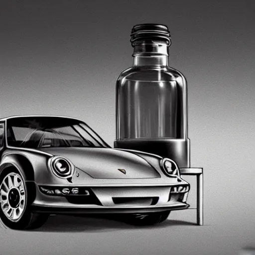 Prompt: concept art of a porsche - patek philip white dietary supplement in a transparent bottle with big black sticker on it by aenaluck, artgerm and roberto ferri and greg rutkowski, black blue and white tones, digital painting, artstation, concept art, smooth, sharp foccus ilustration hq