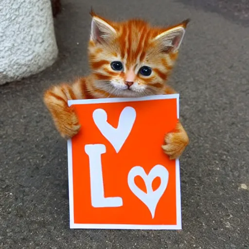 Image similar to cute fluffy orange tabby kitten with a sign that says