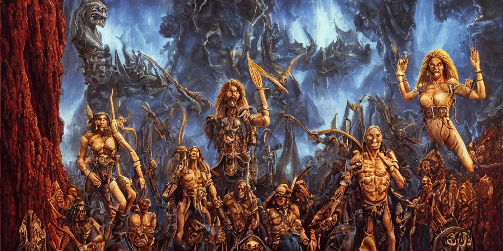 Prompt: horrible and evil new age deception by Michael Whelan by Jeff Easley cinematic, coherent, realistic faces, clear, detailed, intricate, dramatic lighting, establishing shot, 8k resolution