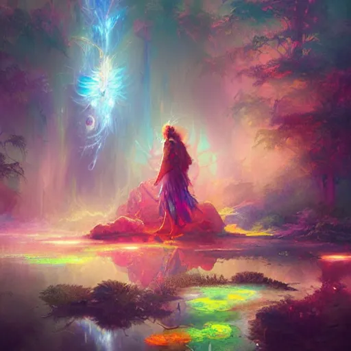 Prompt: a psychedelic realm where astral beings share love. greg rutkowski. wlop. lisa frank. bob ross. ruan jia. illustration