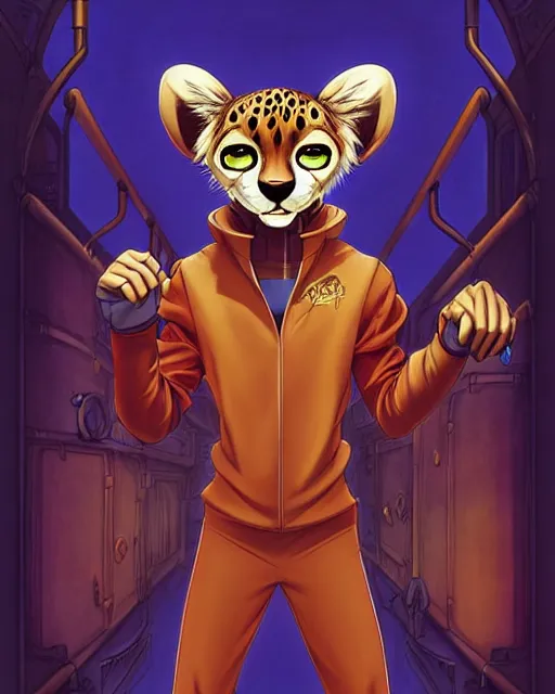 Image similar to don bluth, loish, artgerm, joshua middleton, steampunk, clockpunk anthropomorphic cheetah, wearing a track suit, smiling, symmetrical eyes symmetrical face, colorful animation forest background