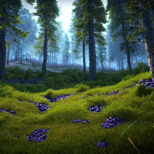 Prompt: artistic render of a scene with detailed blueberry bushes in a nordic forest. Digital art. 4K. Unreal engine. Trending on artstation.