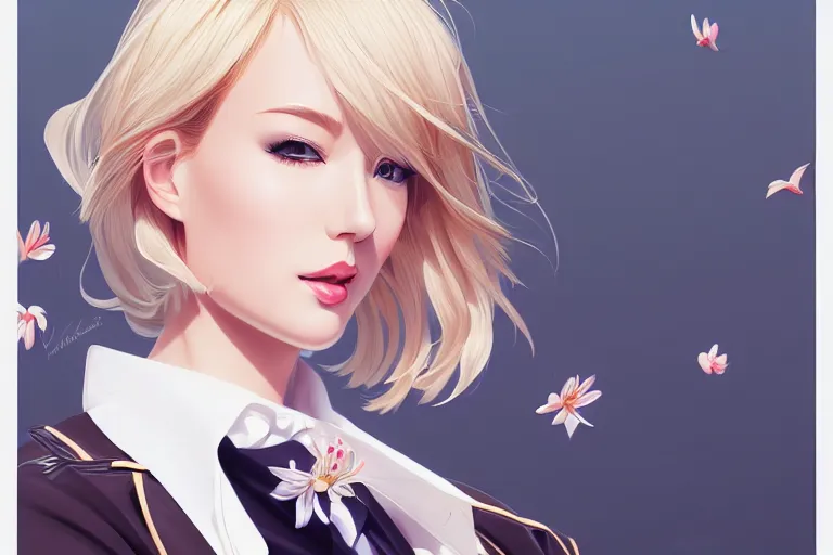 Prompt: a beautiful fashion blond flight attendant, symmetrical, maximalist, lily frame, art by ilya kuvshinov, rossdraws, sharp focus, art by wlop and artgerm, extreme detail, detailed drawing, hyper detailed face