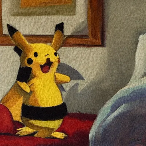Image similar to sad masterful oil painting of twice divorced alcoholic pikachu alone in his room
