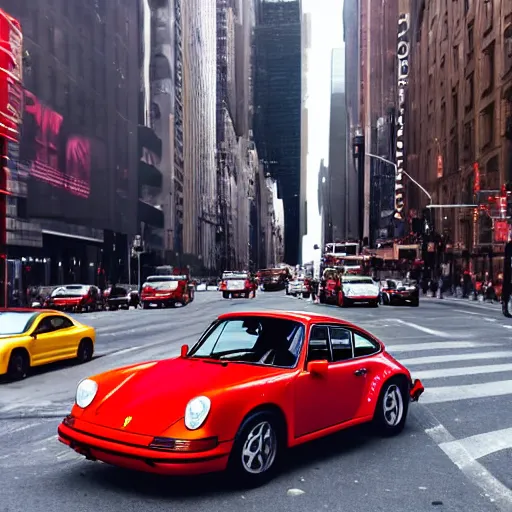 Image similar to photo of a red porsche 9 1 1 9 6 4 carrera 2 speeding through nyc, cinematic, motion blur