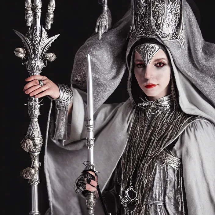 Image similar to photograph of a real-life beautiful lunar witch with ornate silver robes and staff. Extremely detailed. 8k