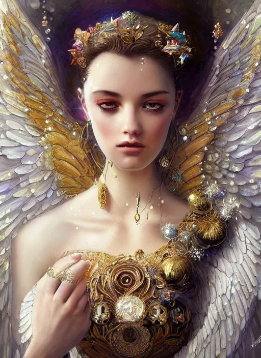 Image similar to A beautiful digital painting of a female angel full of jewels, princess, the moon behind her, intricate, cinematic lighting, highly detailed, digital painting, Artstation, concept art, smooth, sharp focus, illustration, art by Tom Bagshaw, Artgerm and Greg Rutkowski