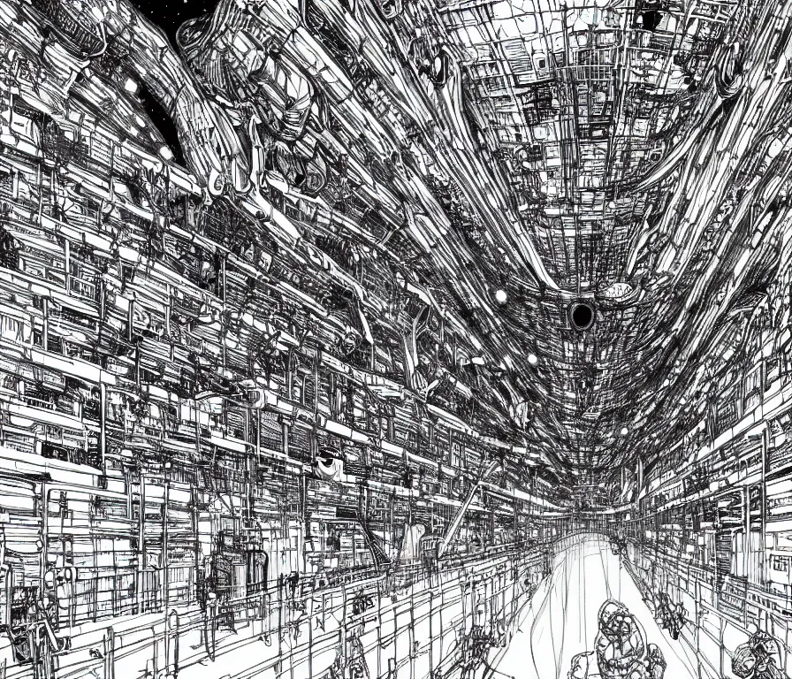 Image similar to empty very dark cargo hall and large corridor of huge huge space ship containing cages with cosmic animals ultra detailed ink drawing by james jean