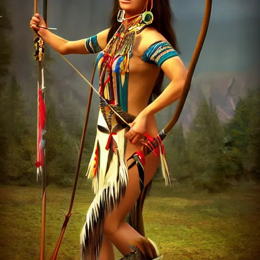 Image similar to a woman dressed in native american clothing holding a bow and arrow, a fine art painting by john clayton, deviantart, fantasy art, daz 3 d, mystical