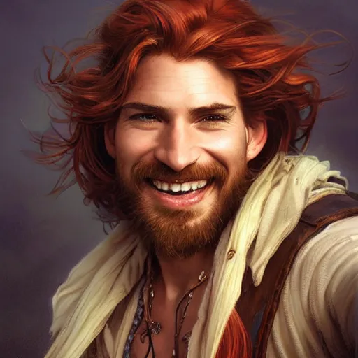 Prompt: portrait of a young ruggedly handsome but joyful pirate, male, masculine, nose ring, upper body, red hair, long hair, d & d, fantasy, joyful smirk, intricate, elegant, highly detailed, digital painting, artstation, concept art, matte, sharp focus, illustration, art by artgerm and greg rutkowski and alphonse mucha