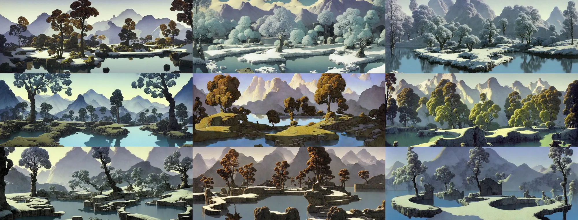 Prompt: a gorgeous bleak spring landscape painting by barlowe wayne maxfield parrish and marco mazzoni. sunny morning. tree no leaf!! china mountain village!! grey blue and verdancy. the lake ice is melting. the winding stone steps. ultra clear detailed. 3 d, octane render..