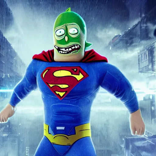 Prompt: pickle rick as superman! flying in ( gears of war ), splash art, movie still, detailed face, photo realistic facial features, cinematic lighting, dramatic, octane render, long lens, shallow depth of field, bokeh, anamorphic lens flare, 8 k, hyper detailed, 3 5 mm film grain