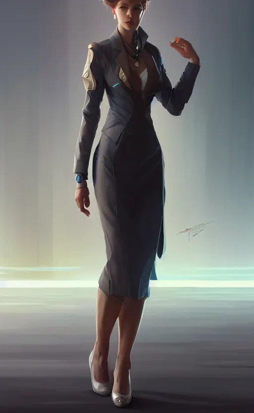 Image similar to Female in office dress, sci-fi, highly detailed, digital painting, artstation, concept art, smooth, sharp focus, illustration, art by artgerm and greg rutkowski and alphonse mucha