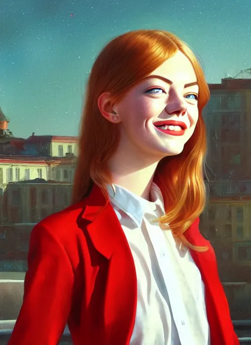Prompt: portrait of teenage emma stone, long haircut, flowing ginger hair, white shirt, red tie, smiling kindly, soviet house at background, 1 9 8 0 s, intricate, elegant, glowing lights, highly detailed, digital painting, artstation, concept art, smooth, sharp focus, illustration, art by wlop, mars ravelo and greg rutkowski