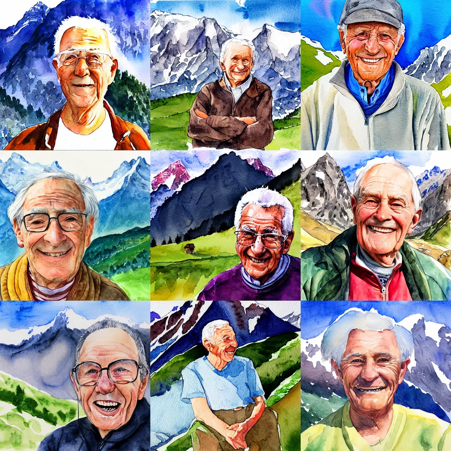 Prompt: closeup portrait of a smiling friendly elderly man, watercolor and pen illustration, in the Swiss Alps, mountains in background, watercolor and pen