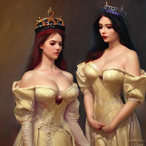 Image similar to two queens in illegal marriage, high vertical symmetry, photorealistic oil painting, beautiful, oil, vintage shading by Artgerm and ilya repin, artstation