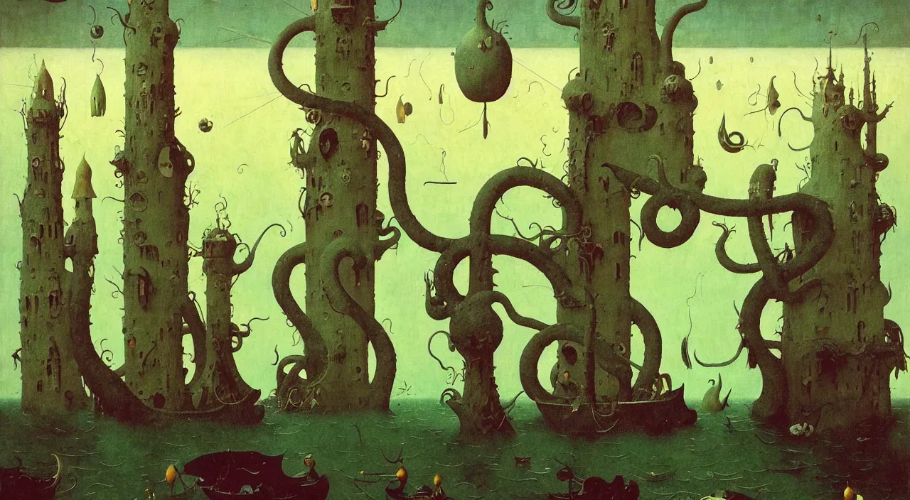 Image similar to single flooded simple!! tentacle gourd tower anatomy, very coherent and colorful high contrast masterpiece by norman rockwell franz sedlacek hieronymus bosch dean ellis simon stalenhag rene magritte gediminas pranckevicius, dark shadows, sunny day, hard lighting