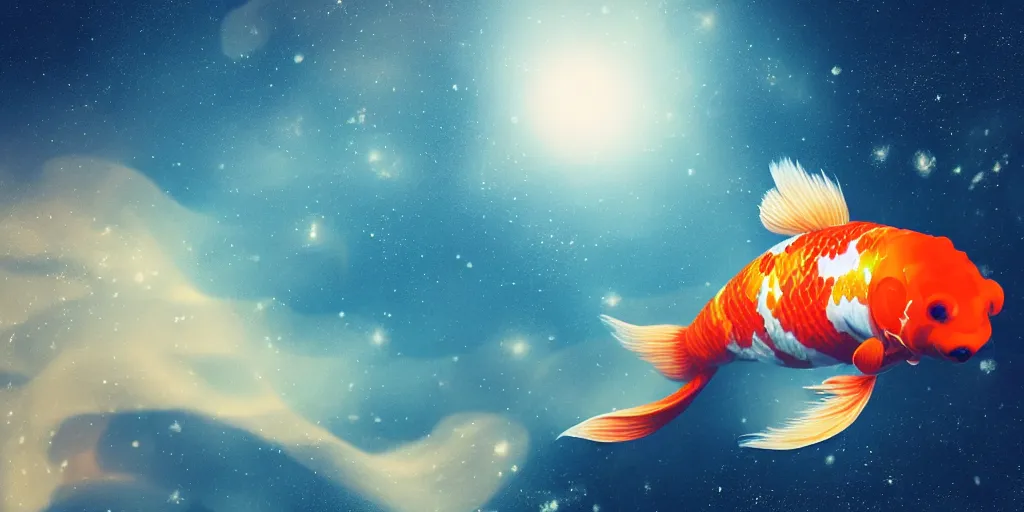 Prompt: a koi fish floating in space, mild starry background, ultrarealistic, cinematic, octane render, trending on artstation