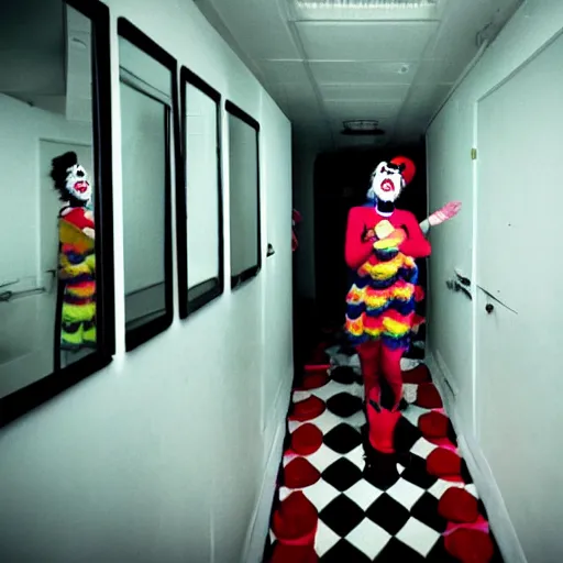 Prompt: Clown girl in a hallway of mirrors