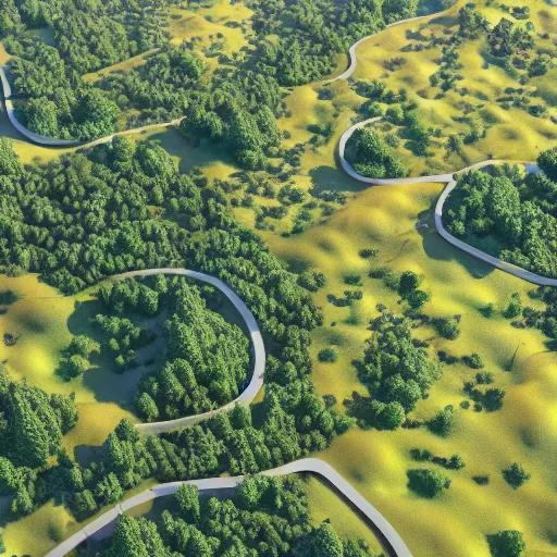 Image similar to large lush landscape, daylight, hyperdetailed, sharp, aerial view, artstation, 3 d render, ray tracing